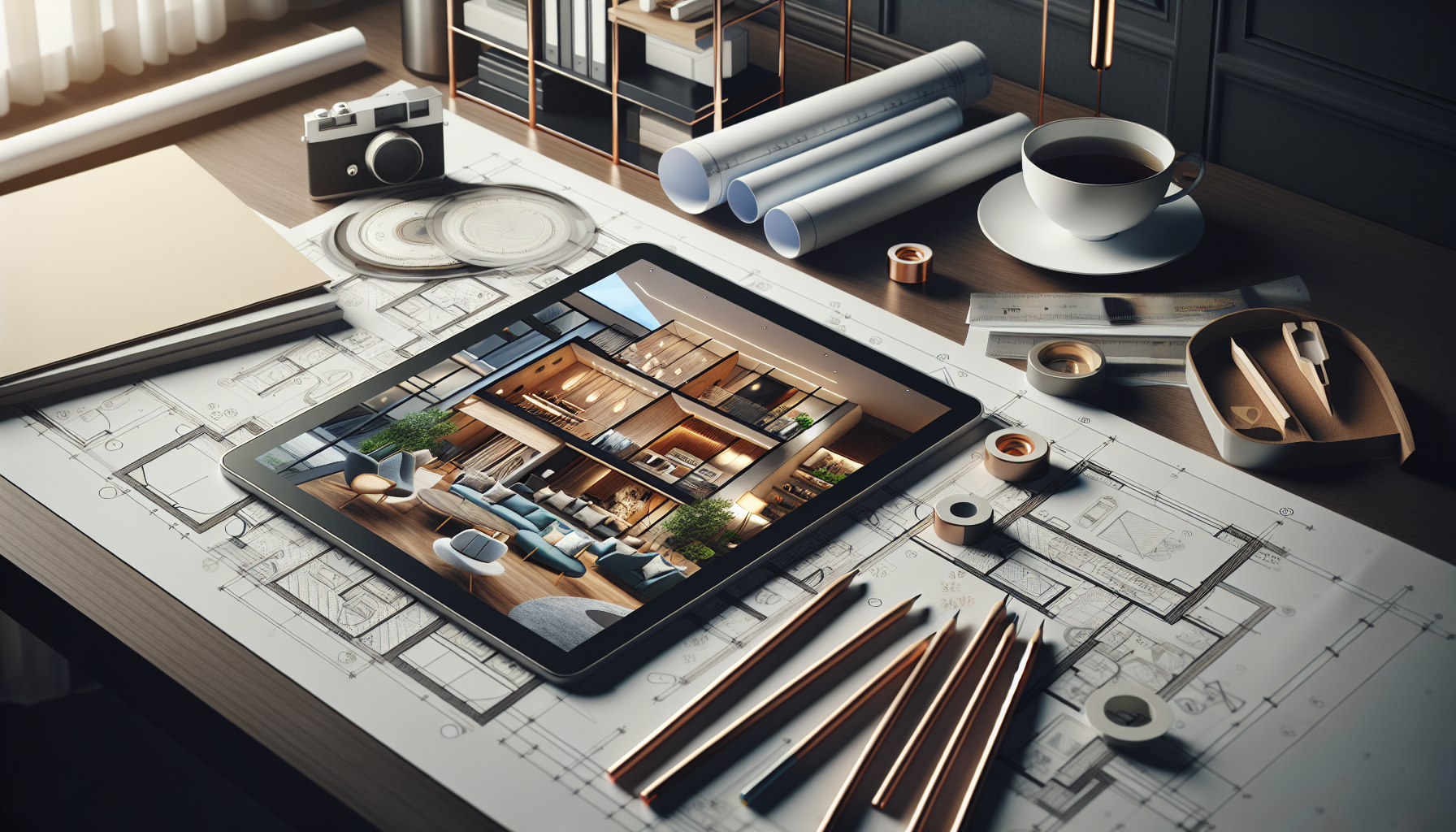 Architectural drawing tools with renovation plans, material samples, and digital tablet showing 3D rendering of a luxury apartment redesign. Professional planning desk setup. No text, no words, no letters, clean image, text-free, visual only. Style: Premium architectural photography