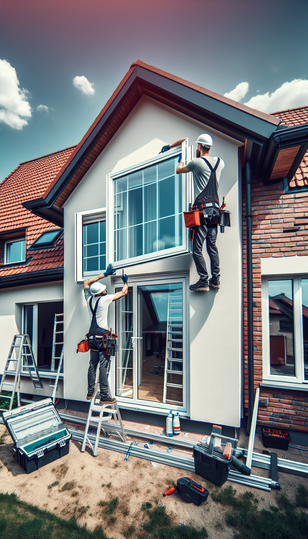 Window replacement during renovation in a Polish home showing installation of premium energy-efficient windows with professional technique and tools. Quality upgrade in progress. No text, no words, no letters, clean image, text-free, visual only. Style: Premium architectural photography