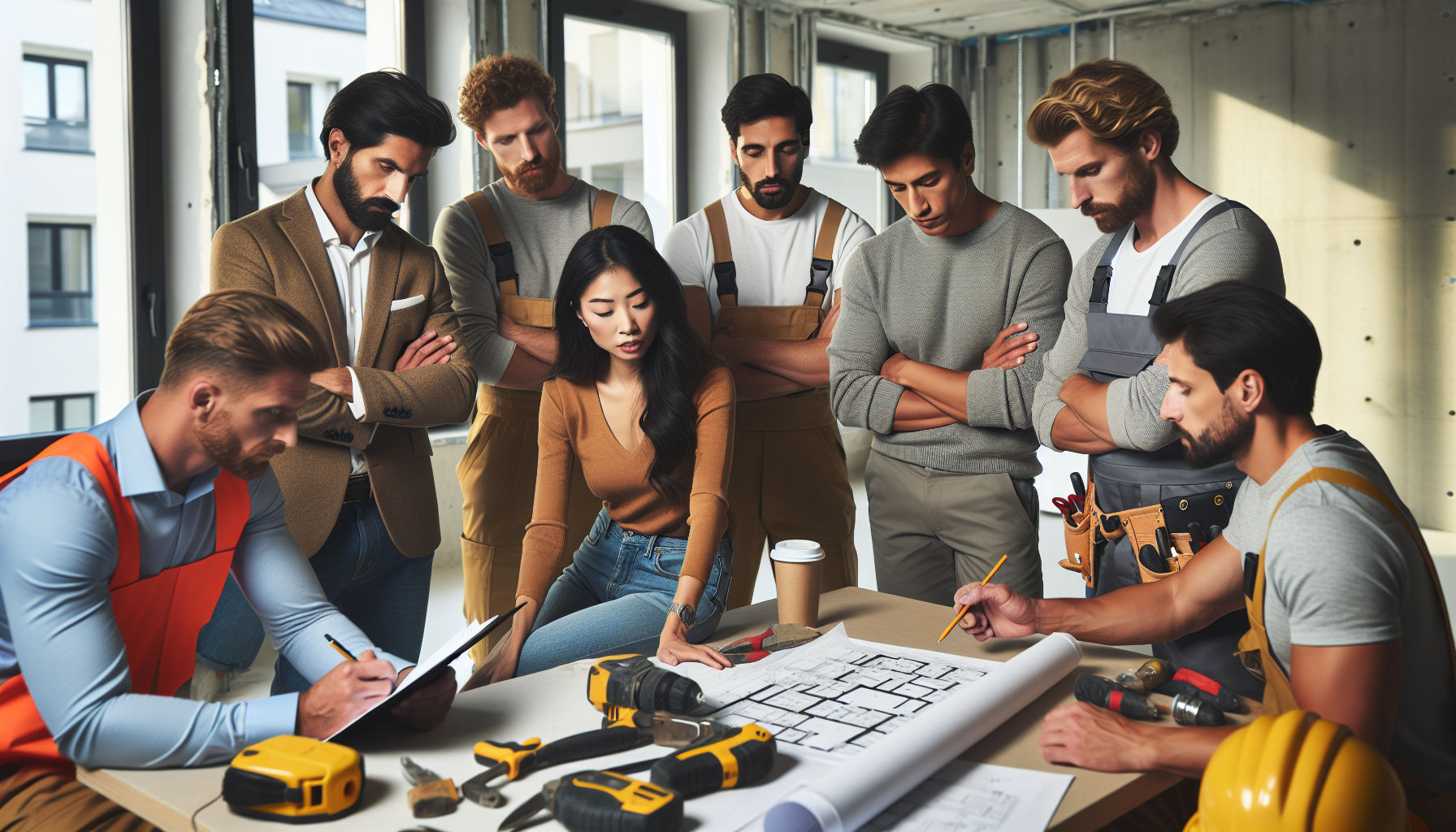Renovation team meeting at a Polish apartment project site. Architect, project manager, and skilled tradespeople discussing plans with professional tools and materials visible. Collaborative expertise in action. No text, no words, no letters, clean image, text-free, visual only. Style: Premium architectural photography