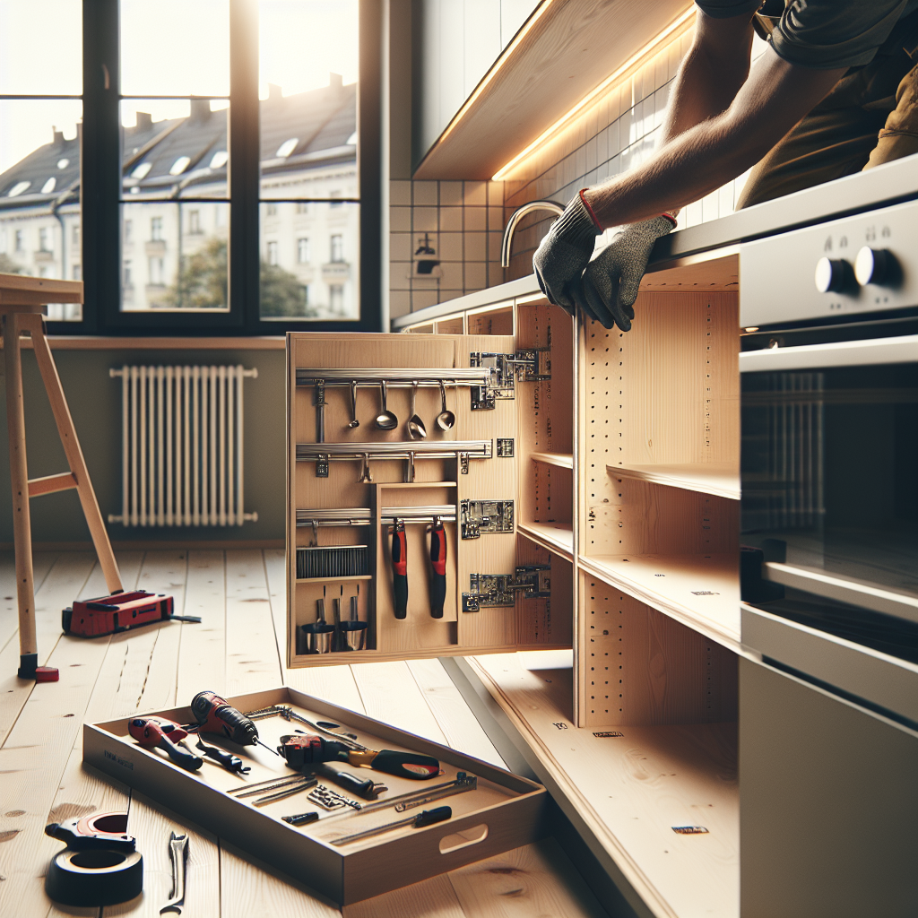Detail of custom kitchen cabinetry being installed in a Polish apartment renovation, showing precision craftsmanship and premium hardware. Quality construction process closeup. No text, no words, no letters, clean image, text-free, visual only. Style: Premium architectural photography