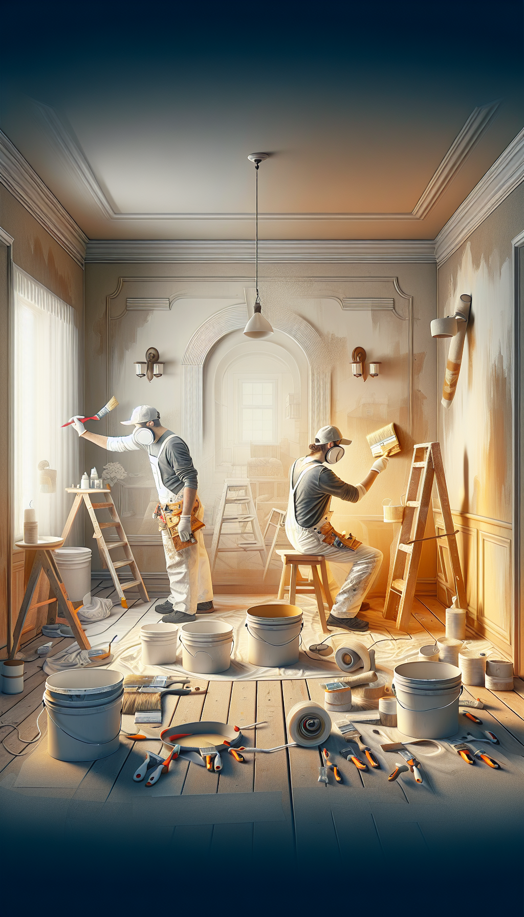 Professional painters applying premium finish to walls in a Polish home renovation. Showing perfect technique with high-end tools and materials for flawless results. Quality craftsmanship in process. No text, no words, no letters, clean image, text-free, visual only. Style: Premium architectural photography