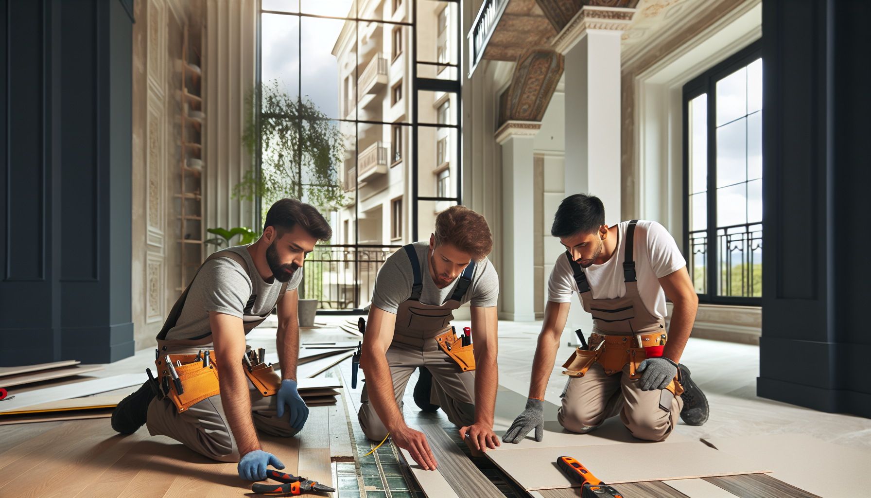 Renovation process showing installation of premium flooring in a Polish apartment, with professional workers using specialized tools and techniques. Quality craftsmanship in action. No text, no words, no letters, clean image, text-free, visual only. Style: Premium architectural photography